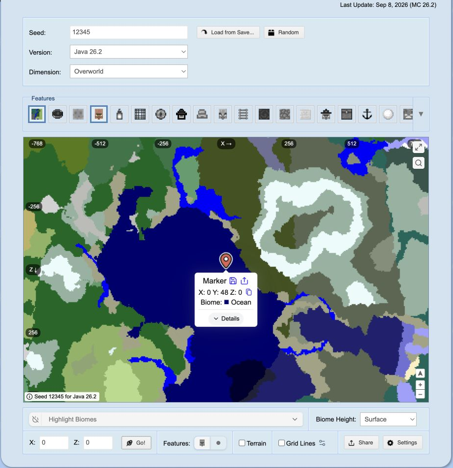 Chunkbase seed12345 Java26.2 map at the same X0 Z0 point labelled Ocean
