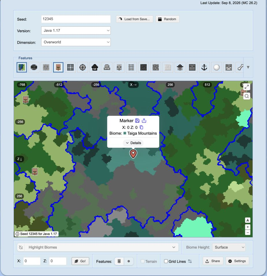 Chunkbase seed12345 Java1.17 map with X0 Z0 marker labelled Taiga Mountains
