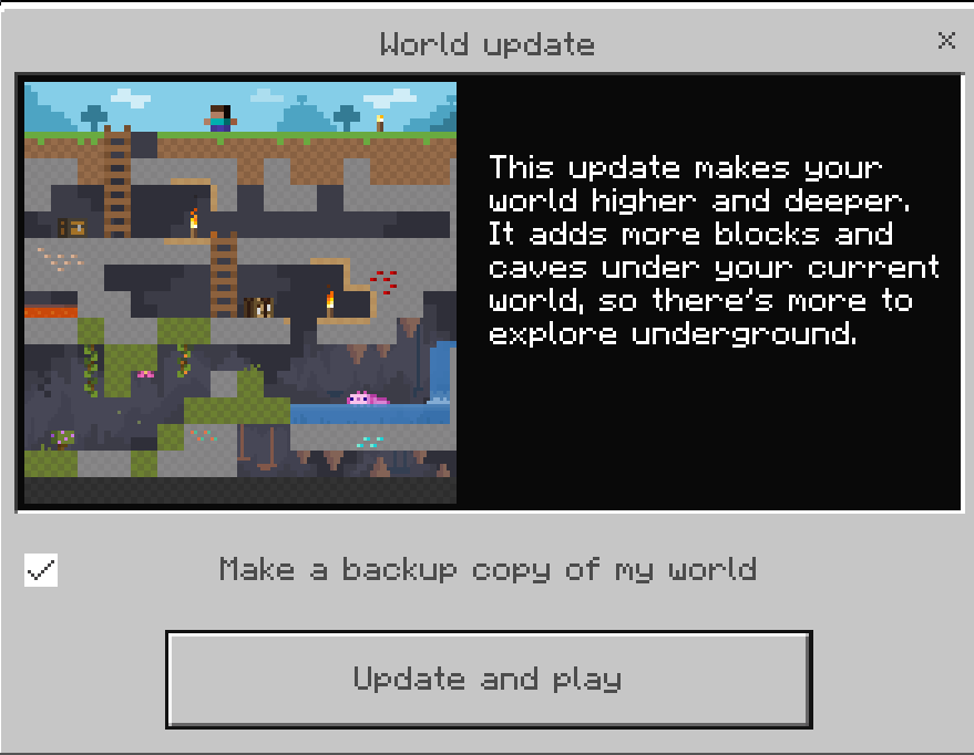 Official historical Bedrock World Update dialog with Make a backup copy of my world checked