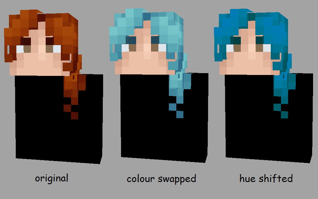 candlemouse comparison labelled original, colour swapped and hue shifted, showing brown and blue hair variants