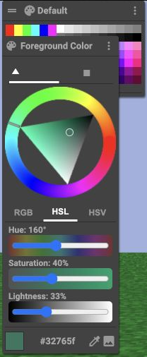 PMCSkin3D Foreground Color panel showing HSL controls and green colour code 32765f