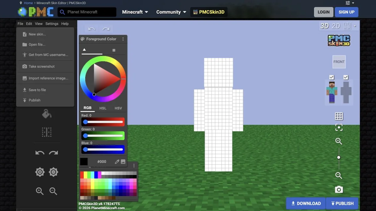 PMCSkin3D File menu with Save to file and Take screenshot as separate commands