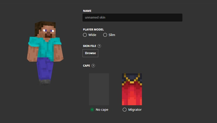 Official Minecraft Launcher skin screen with model choice and skin file selection