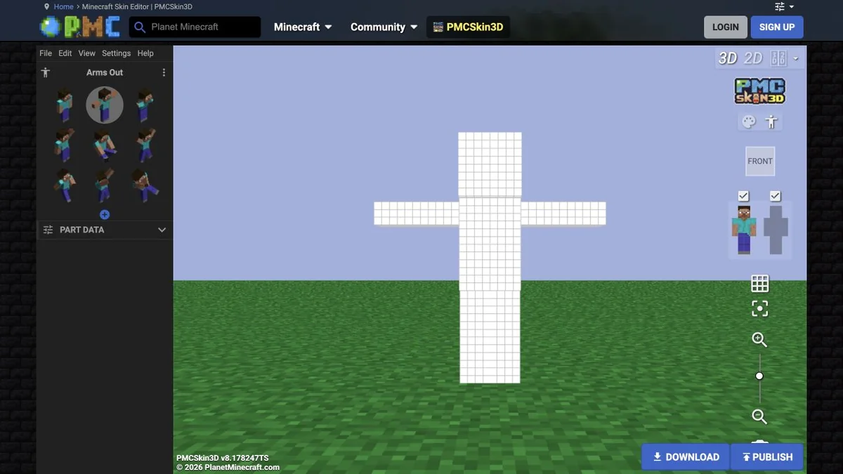 Current PMCSkin3D Arms Out pose showing a blank Slim model with arms spread for inspection