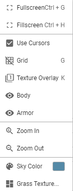 PMCSkin3D View menu with Grid, Body, Armor, Zoom and Sky Color controls