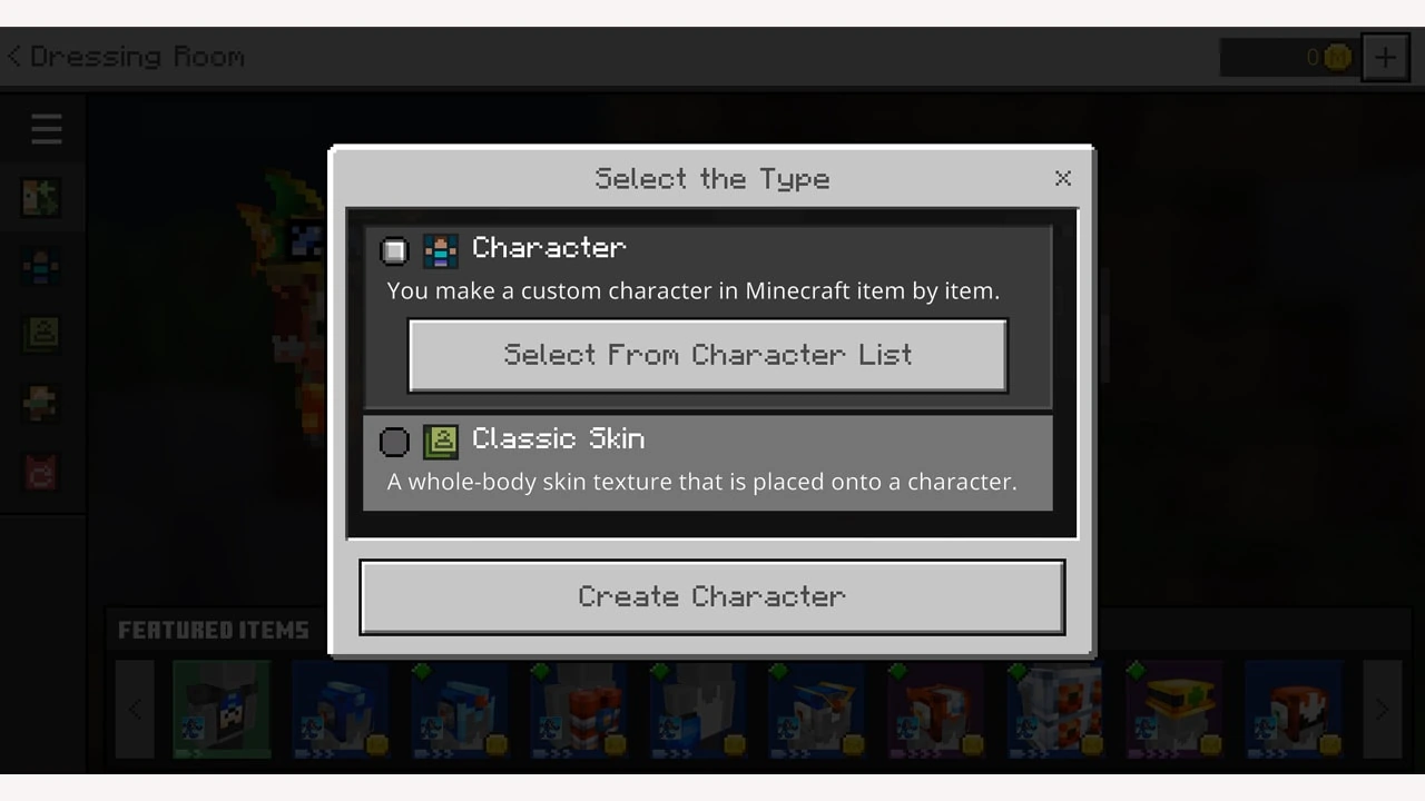 Bedrock Select the Type dialog offering Character and Classic Skin