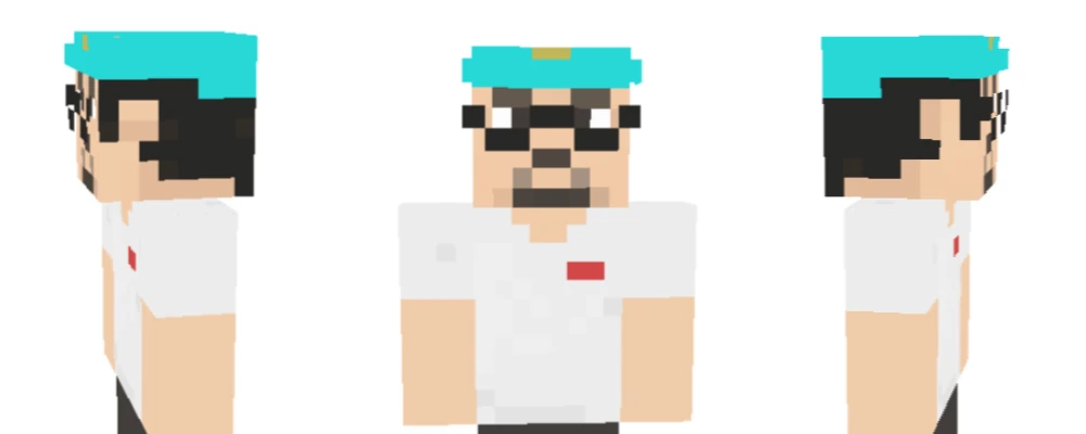 Creator skin example viewed from three angles with glasses and a raised turquoise hat edge