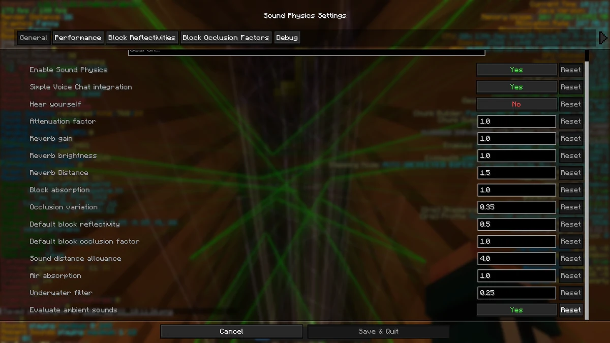 Sound Physics Remastered general settings including reverb, absorption and attenuation