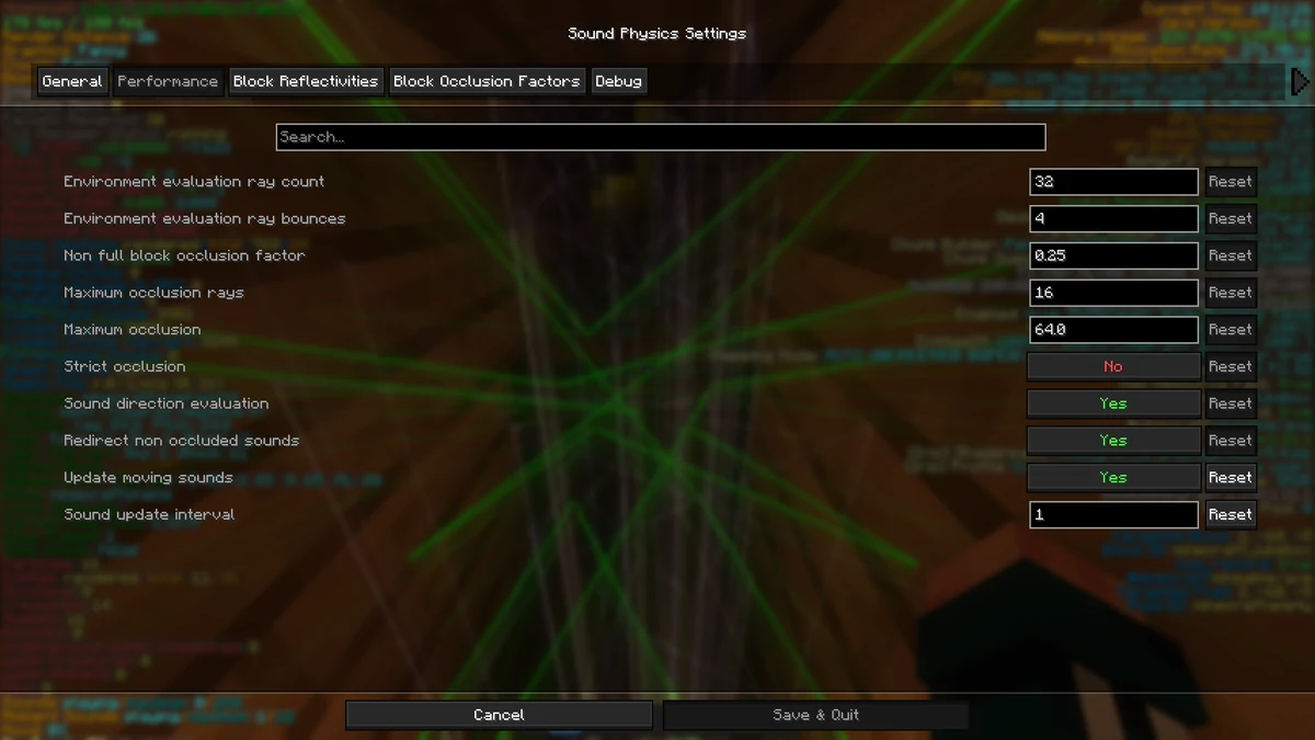 Sound Physics performance settings with ray count, ray bounces and moving sound update controls