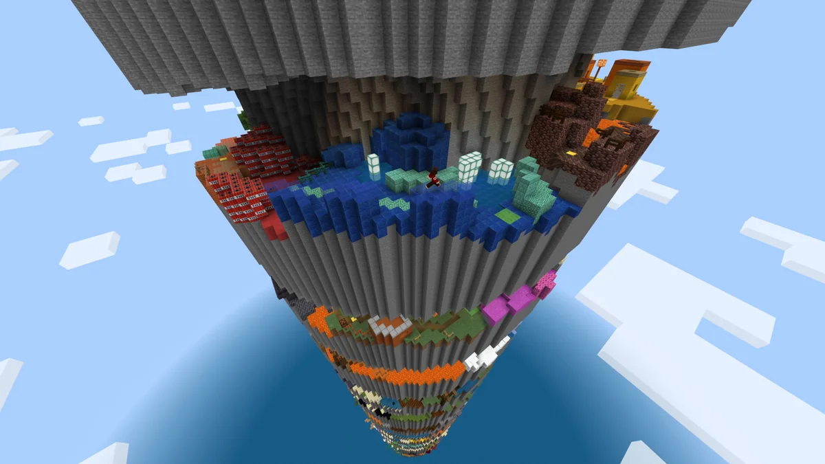 Parkour Spiral 3 creator gallery: A higher section of the spiral, with blue blocks and stone platforms.