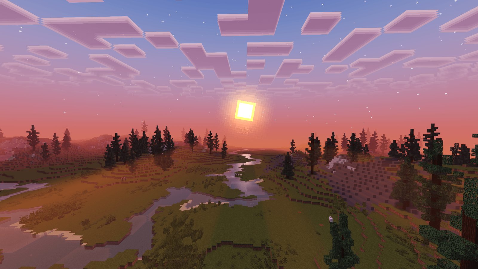 Pink sunset over a winding river through a spruce-covered Minecraft valley