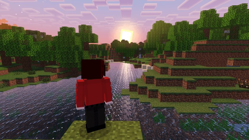 A player overlooking a river reflecting the sunset between grassy banks