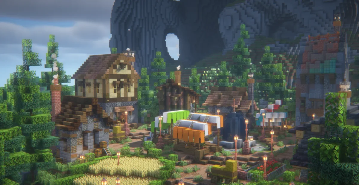 Colorful market stalls among Minecraft Town paths and medieval buildings