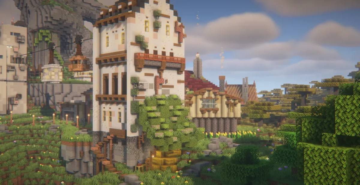 Tall timber-framed house and landscaped paths in Minecraft Town
