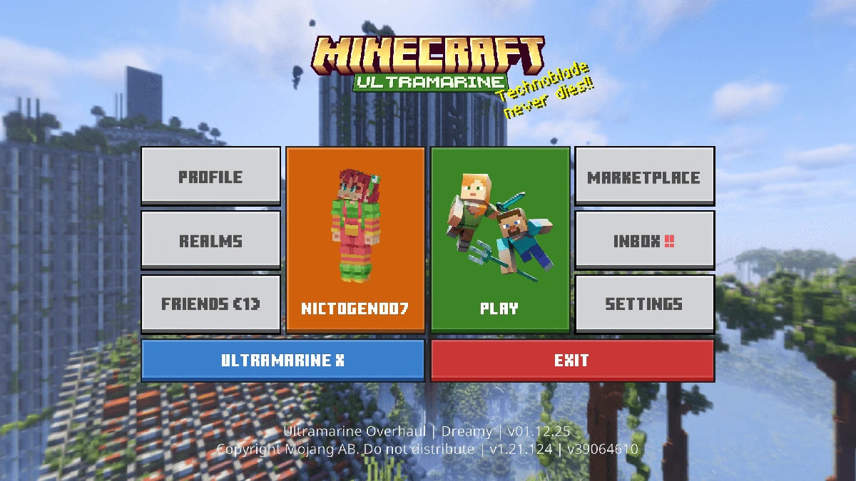 Ultramarine creator screenshot of the redesigned Minecraft start screen