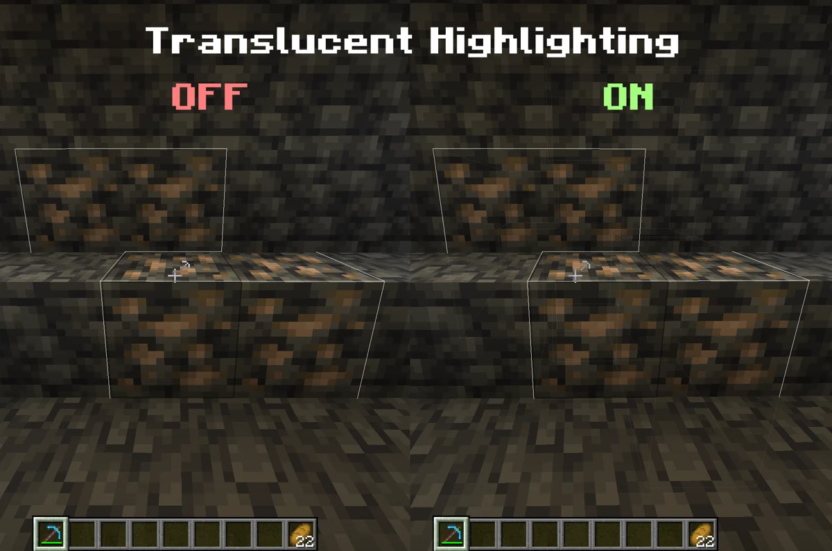 Author comparison of connected ore outlines with translucent highlighting off and on