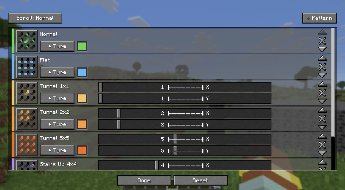 VeinMiner pattern editor with Normal, Flat, Tunnel sizes, stairs, colours and ordering controls